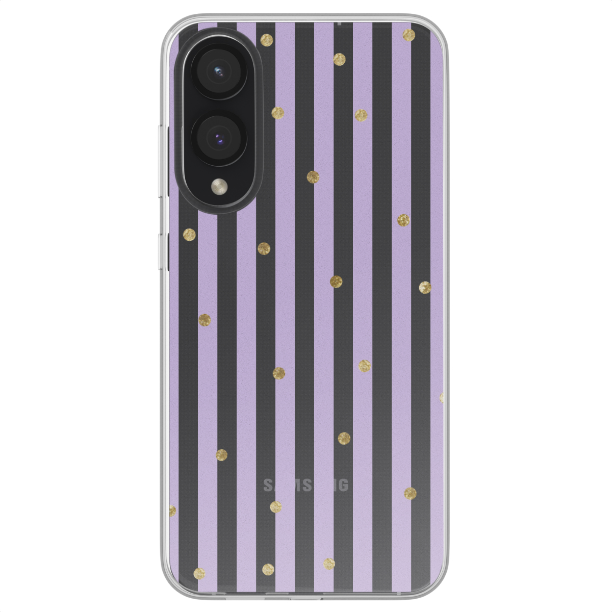 Telefoonhoesje met paarse strepen en gouden stippen. Tekst: Softcase met uniek design.
