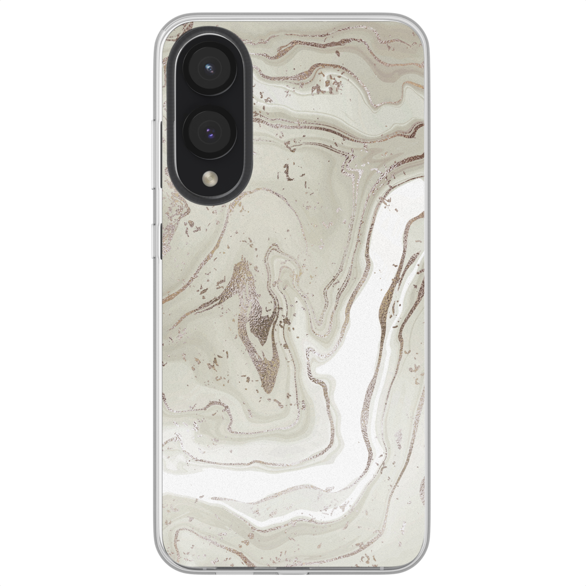 Telefoonhoesje met lichtgrijs marmer design. De achterkant heeft twee camera's en een flitser.