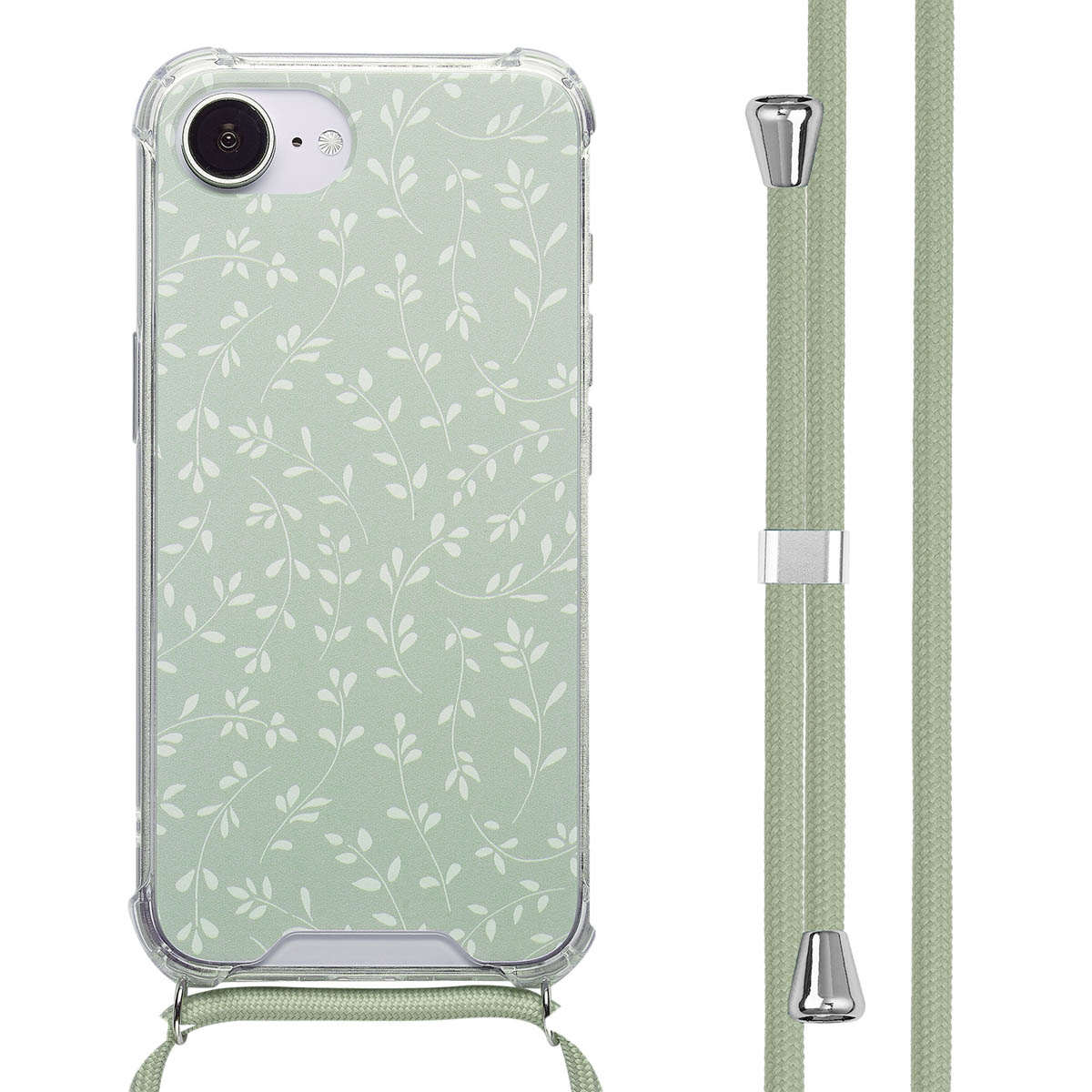 Coque de téléphone avec motif floral vert, bords transparents. Cordon vert avec fixations argentées.
