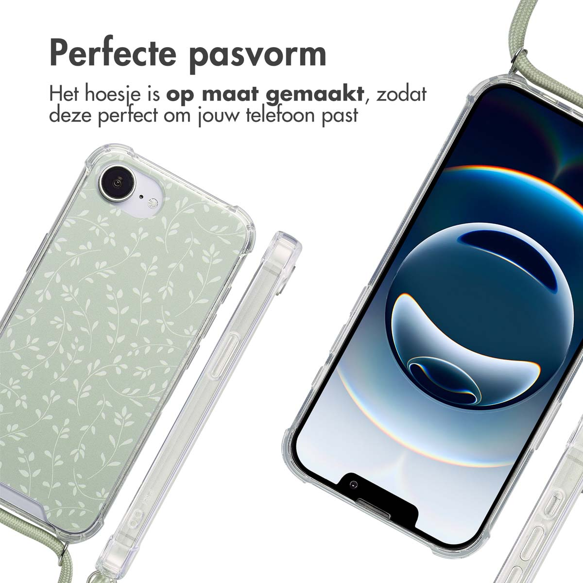 Coque de téléphone avec motif de feuilles blanches sur fond vert clair. La coque est sur un téléphone.