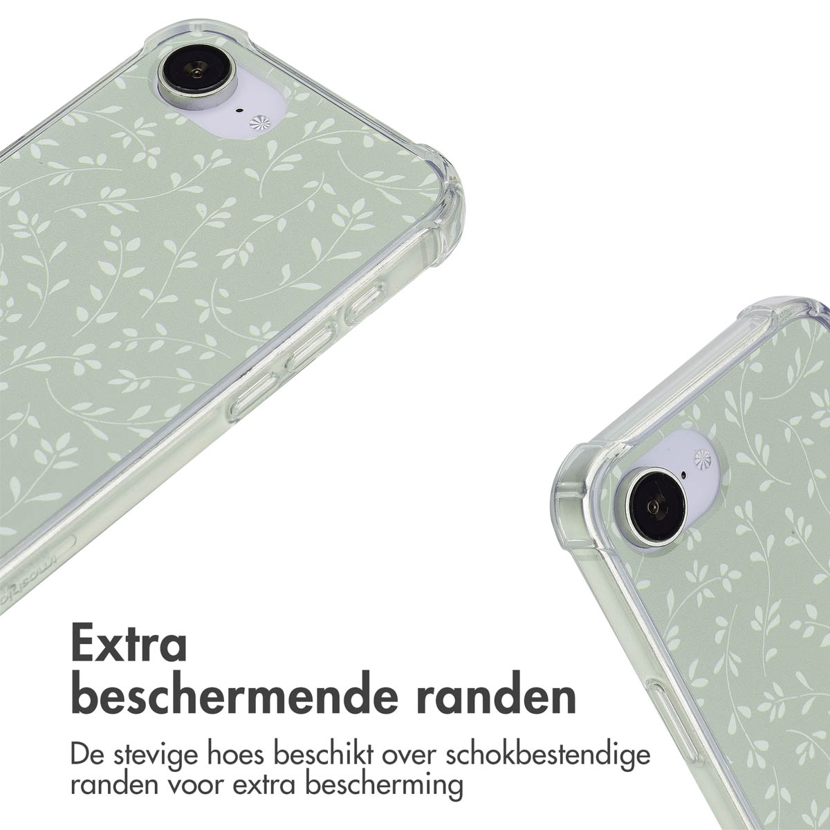 Deux coques de téléphone avec des feuilles blanches sur fond vert menthe, bordures transparentes.