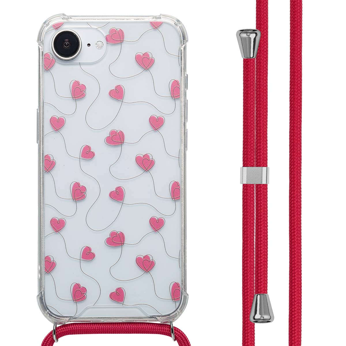 Coque de téléphone avec motif de cœurs roses sur fond transparent. Un cordon rouge est attaché.