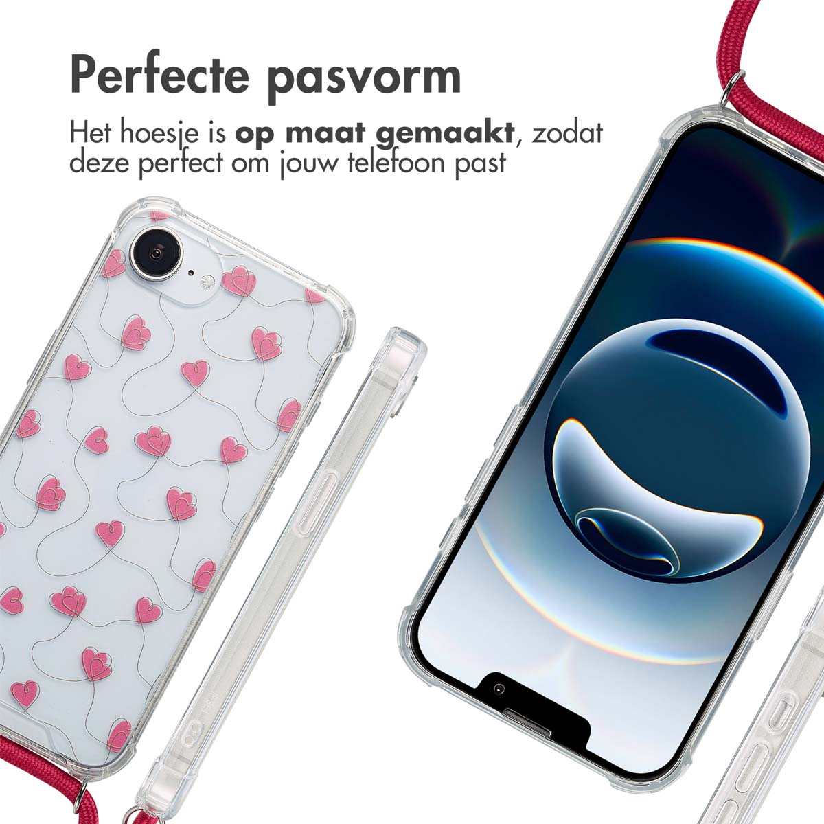 Deux coques de téléphone avec des cœurs roses et un cordon. Une coque est sur le téléphone, une est lâche.