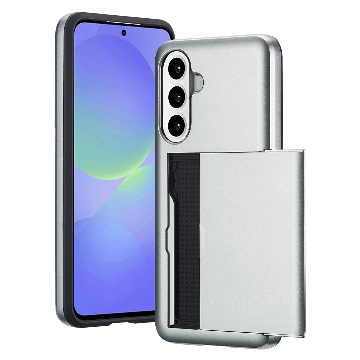 Een telefoonhoesje met een kaartsleuf, zilverkleur. Telefoonscherm wordt weergegeven.