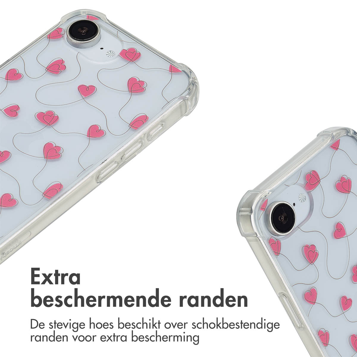 Deux coques de téléphone avec des cœurs roses. Fond transparent, fond blanc et bordures transparentes.