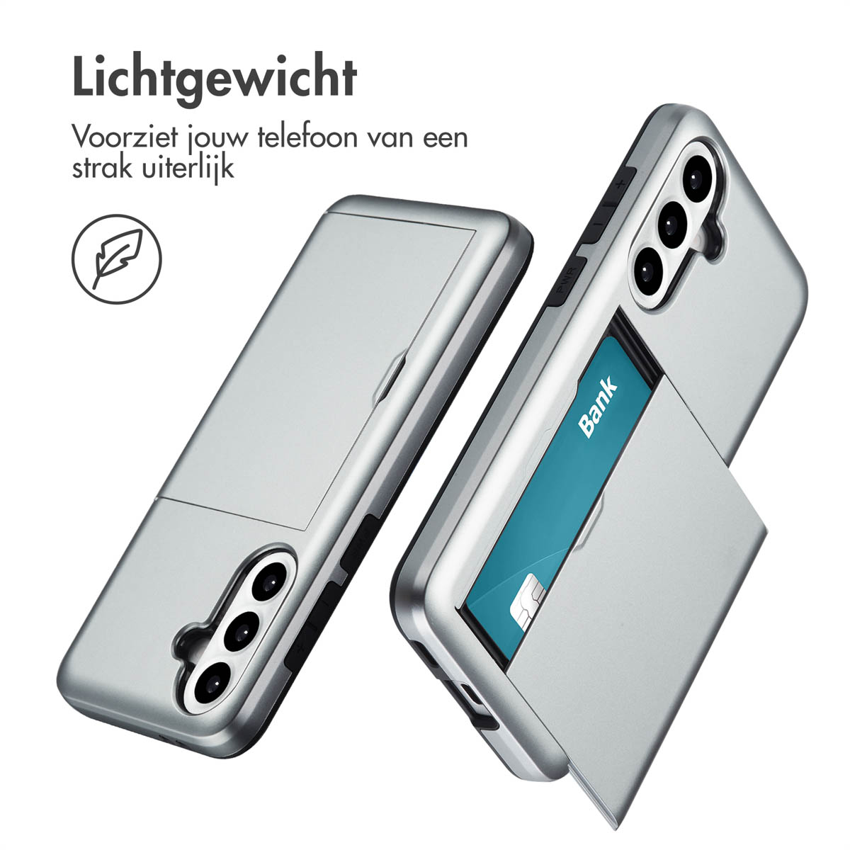 Zilveren telefoonhoesje met kaartsleuf. Twee hoesjes getoond, één met kaart, één leeg.