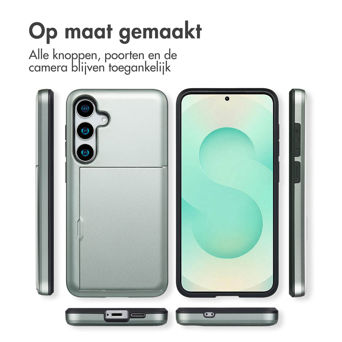 Coque de téléphone en plusieurs vues. Texte : Fabriqué sur mesure. Tous les boutons, ports et la caméra restent accessibles.