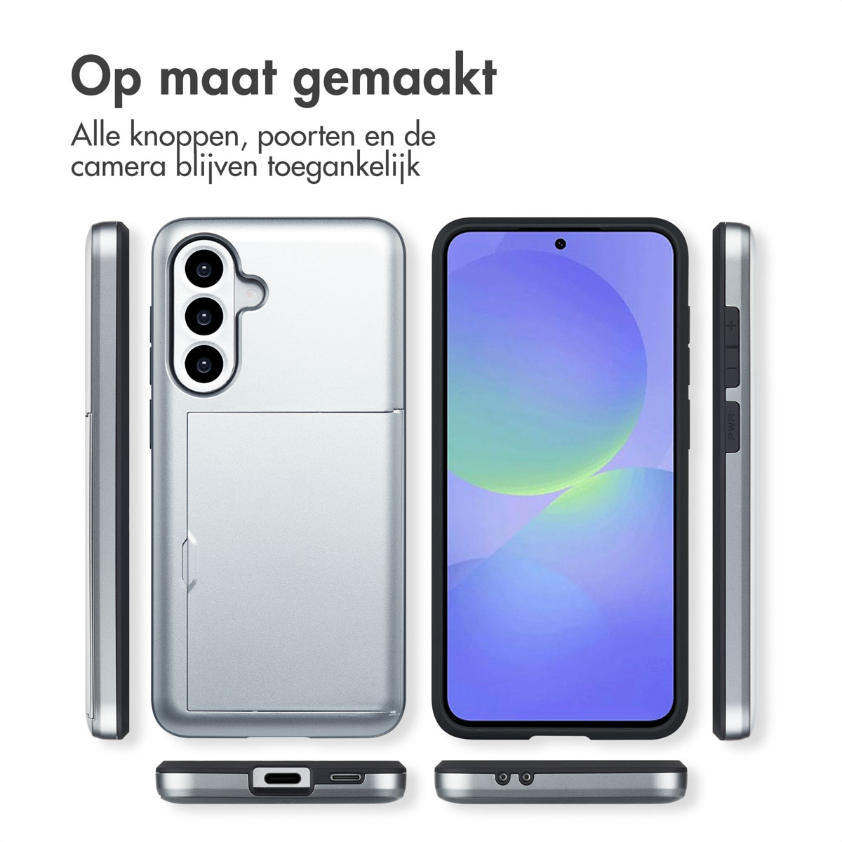 Zilveren telefoonhoesje met kaartsleuf. Telefoon vanuit meerdere hoeken, knoppen en poorten zichtbaar.