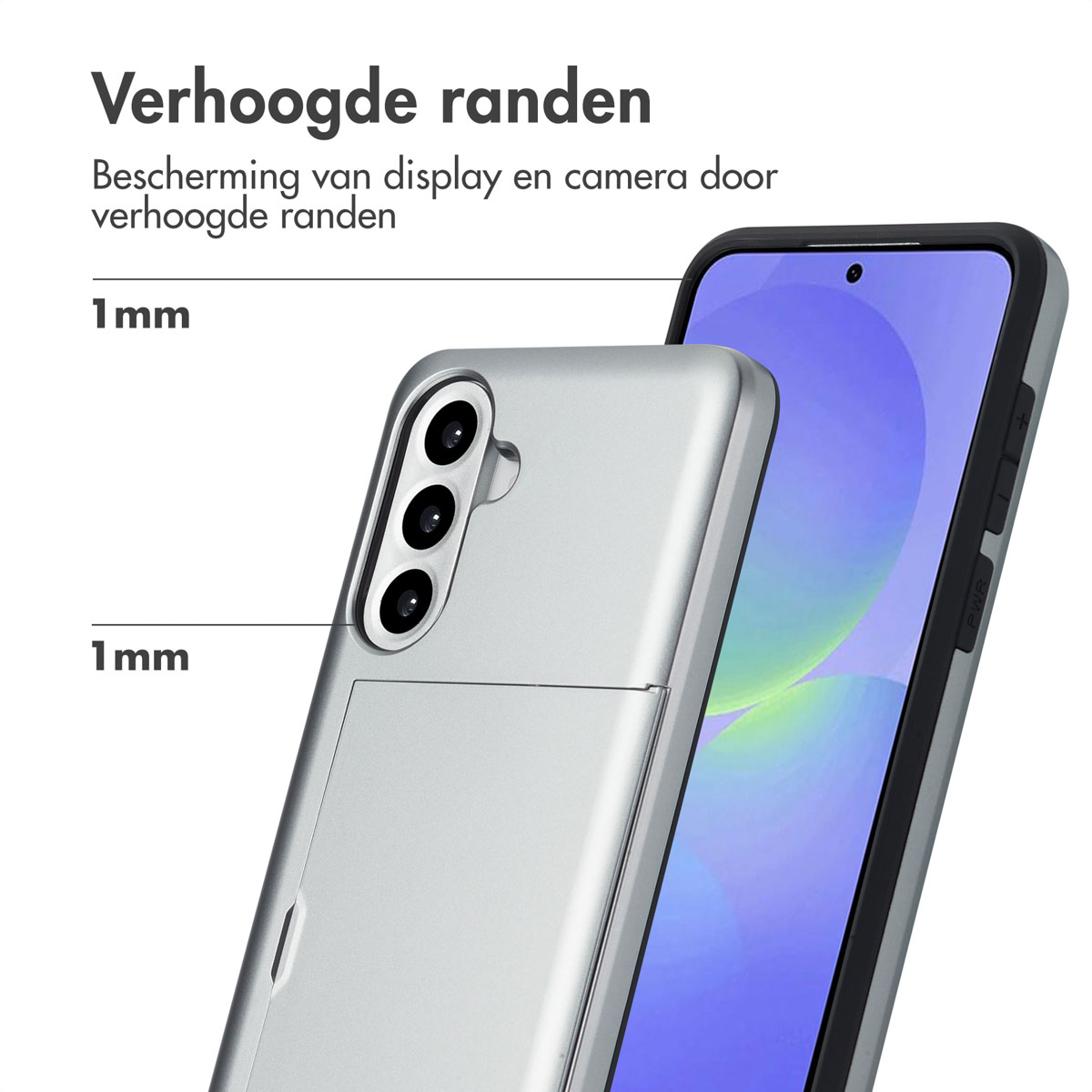 Zilveren telefoonhoes met verhoogde randen. Tekst: Verhoogde randen. Bescherming van display en camera.