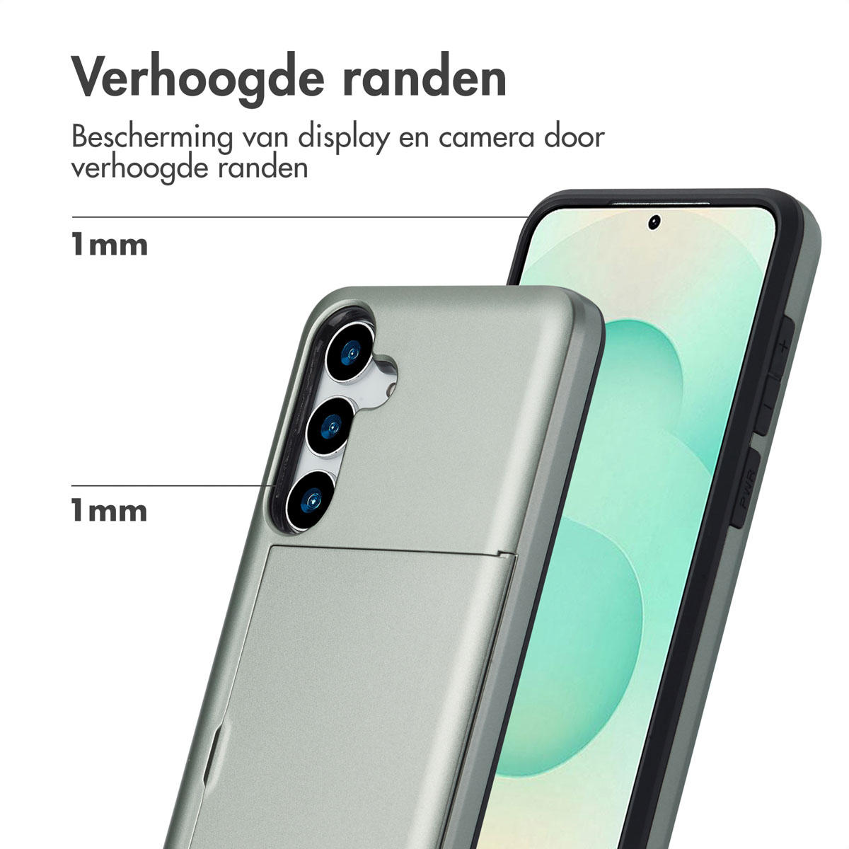 Coque de téléphone argentée avec fente pour carte, montrant des bords surélevés. Écran du téléphone visible.