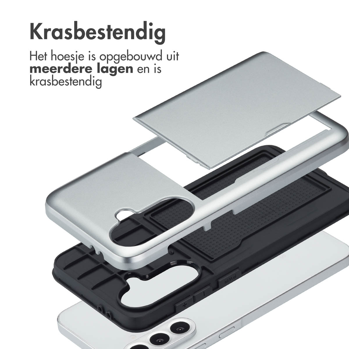 Ontplofte weergave van telefoonhoes. Tekst: Krasbestendig. Hoes bestaat uit meerdere lagen en is krasbestendig.