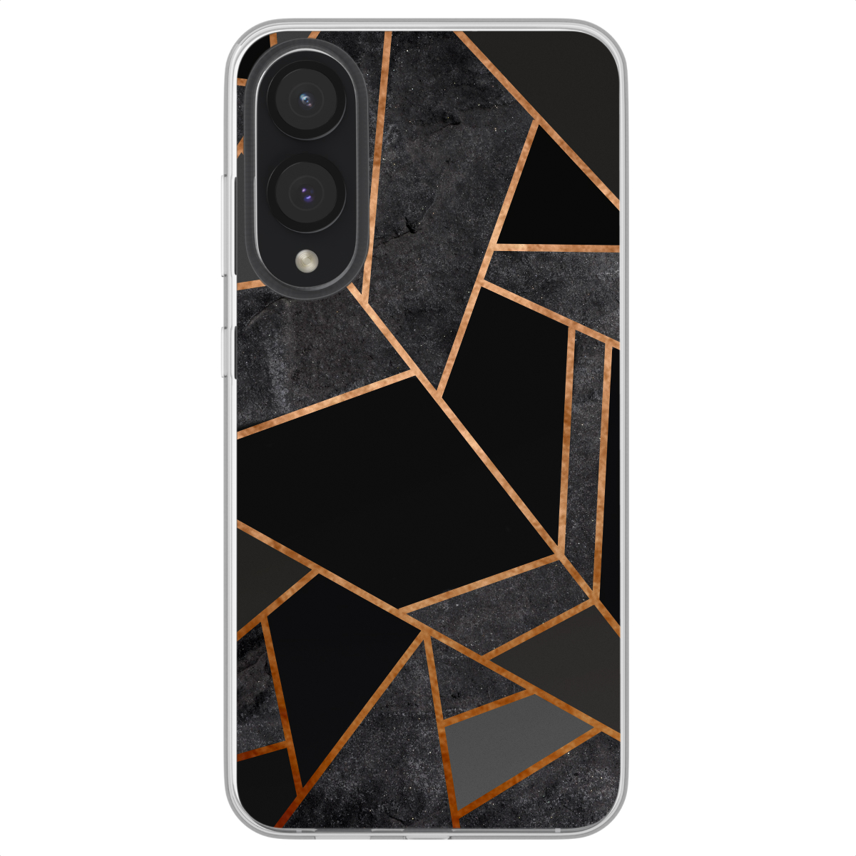 Telefoonhoesje met zwart en grijs geometrisch patroon, gouden accenten. Zwart en grijs geometrisch patroon.