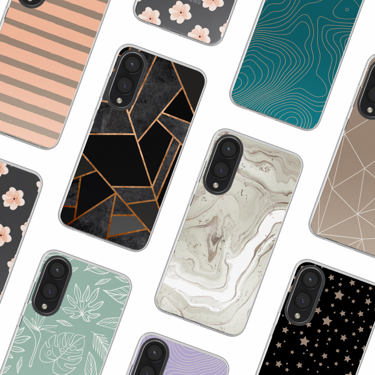 Collectie telefoonhoesjes met verschillende patronen en ontwerpen.