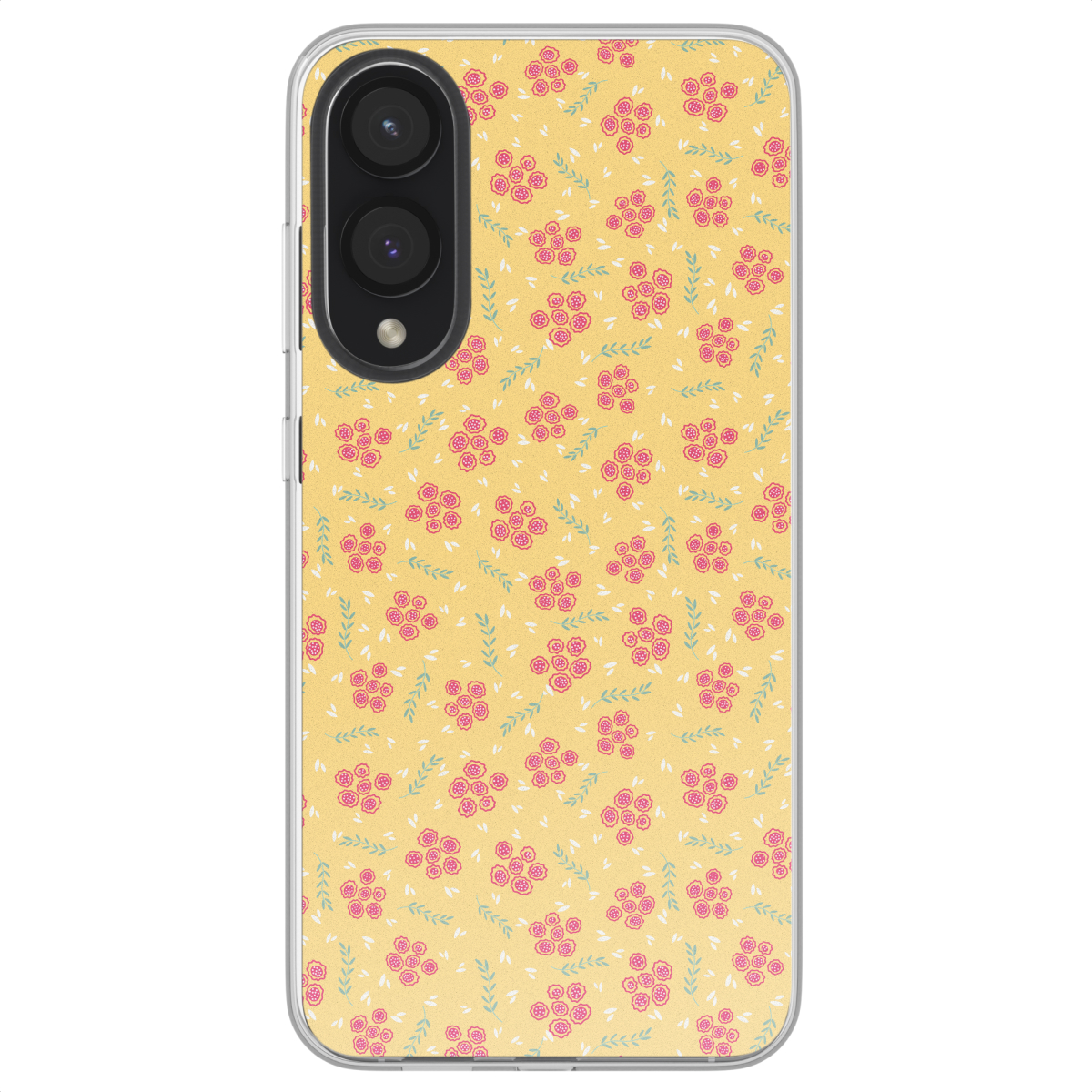 Gele telefoonhoes met roze bloemenpatroon en kleine groene blaadjes. De telefoon heeft twee camera's.