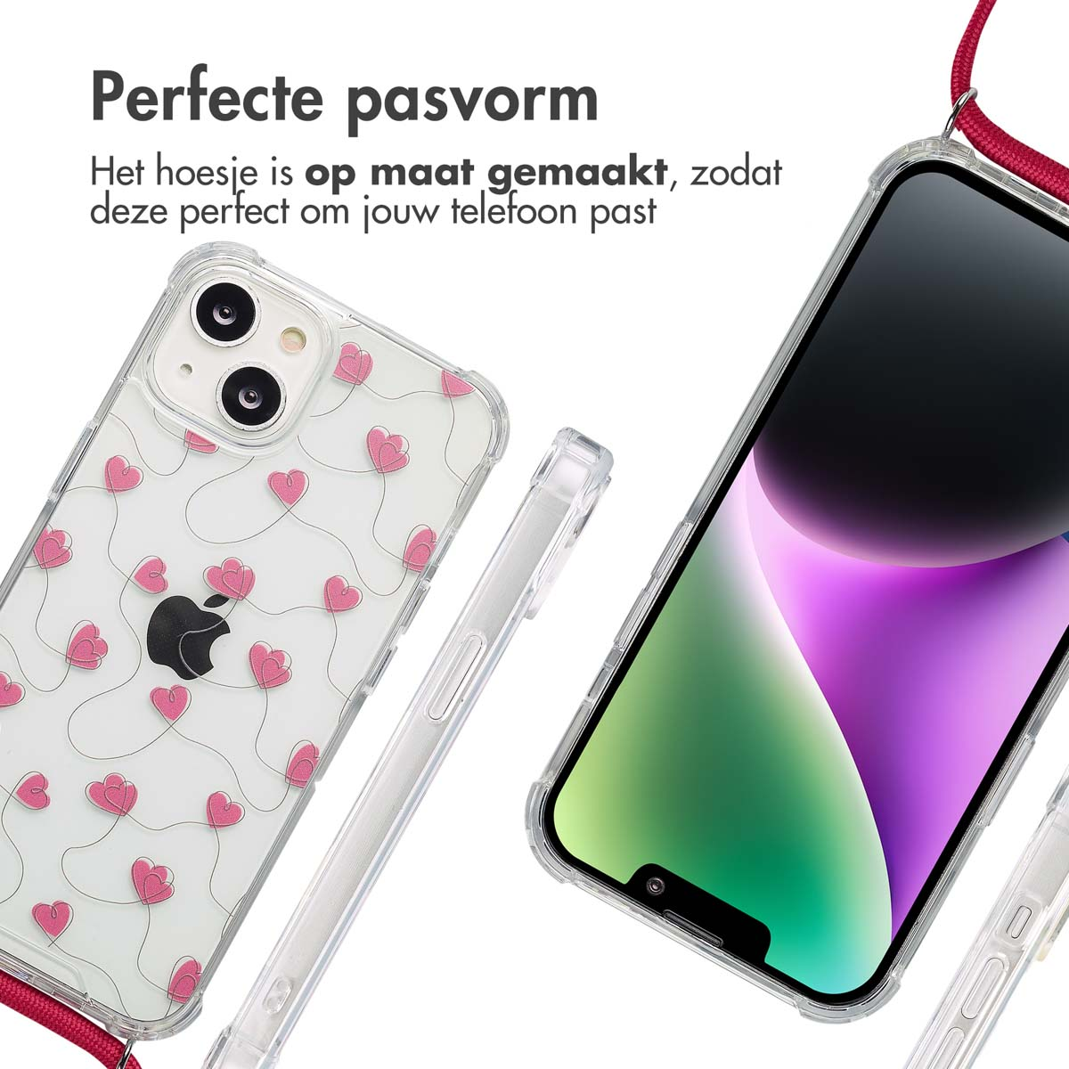Twee telefoons met telefoonhoesjes, bandje, transparant, met roze harten en geometrische patronen.