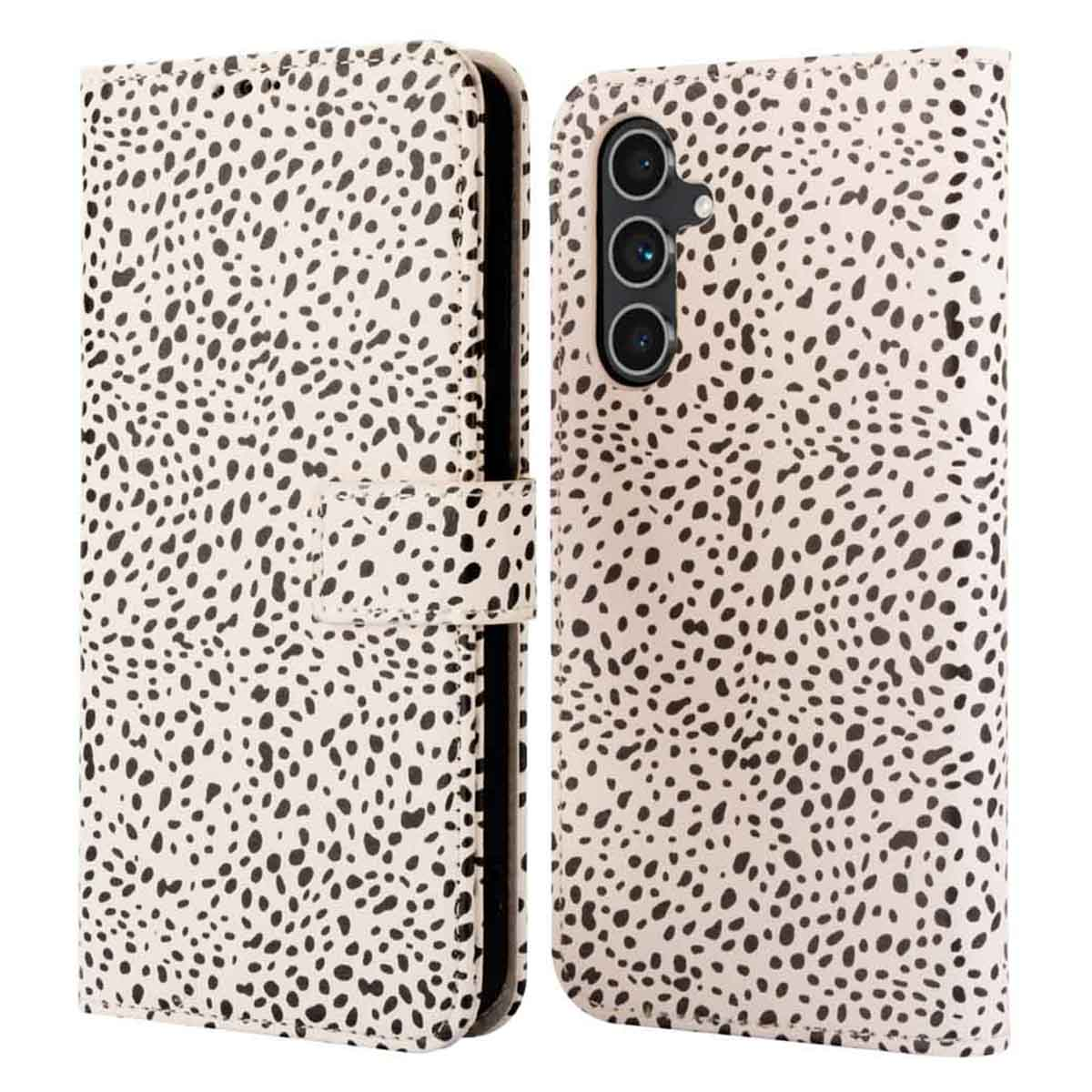 Deux coques de téléphone. Une ouverte, une fermée, avec des points noirs sur fond blanc.