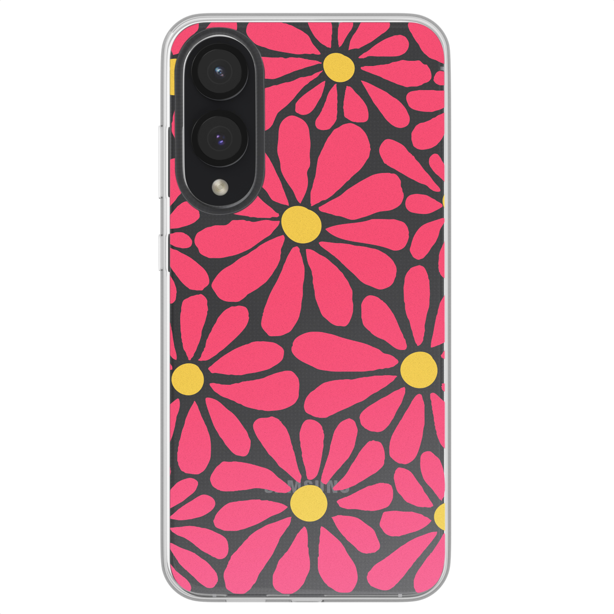 Coque de téléphone avec un motif de marguerites roses sur fond noir.