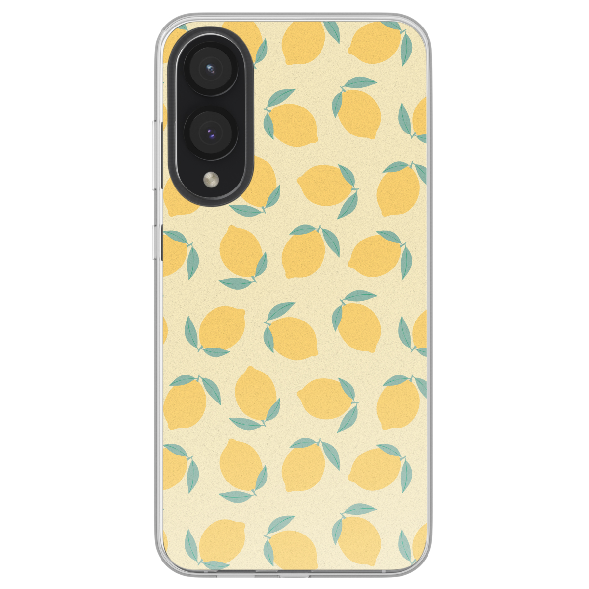 Telefoonhoesje met gele citroenen en groene bladeren. De achtergrond is lichtgeel.