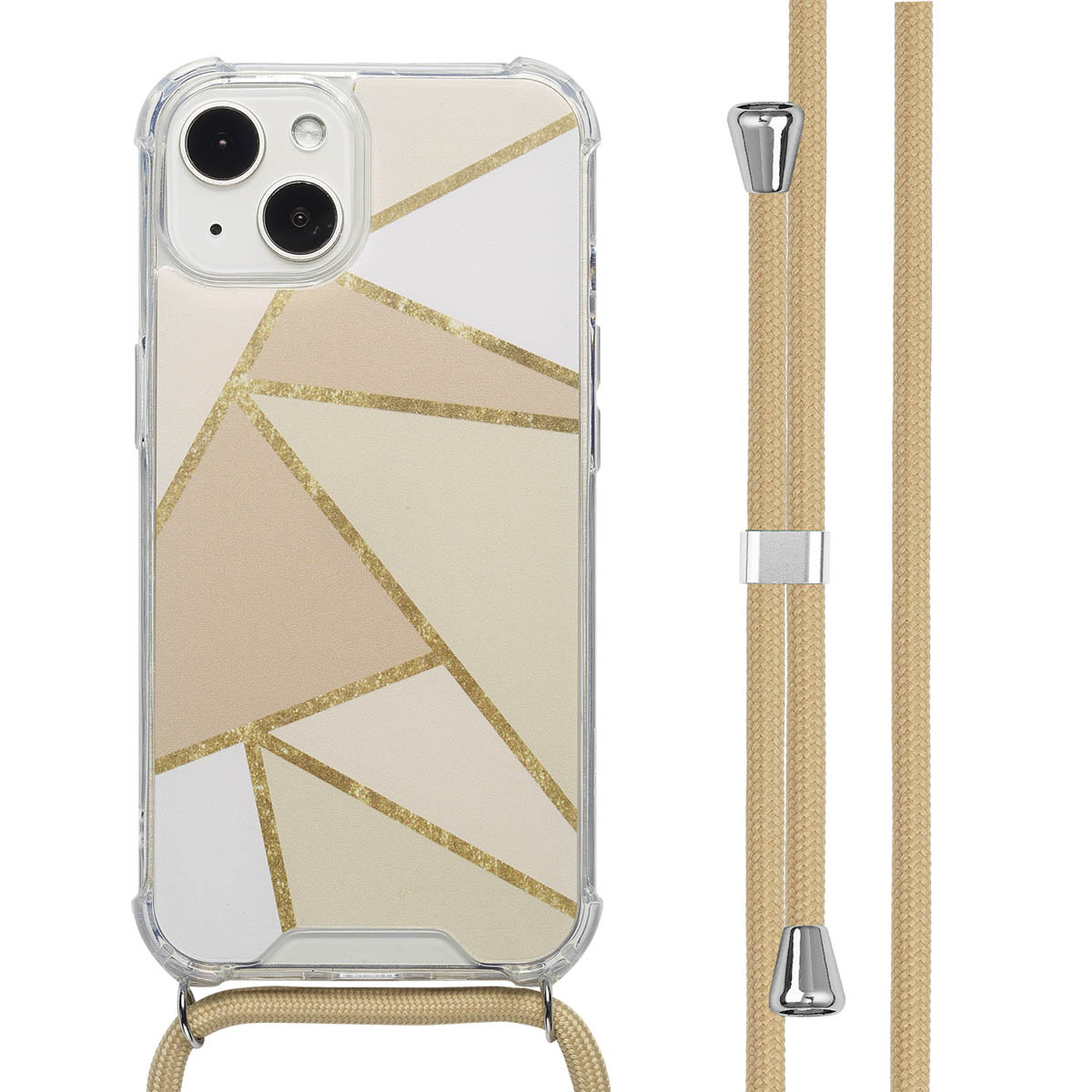 Telefoonhoesje met geometrisch ontwerp. Beige, wit en goud, met een beige koord.