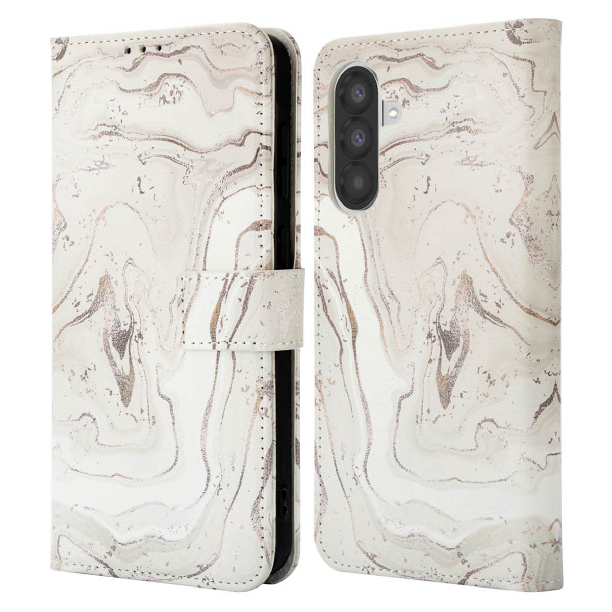 Witte marmeren telefoonhoes. Gesloten voorkant met sluiting; open, onthult telefoon.