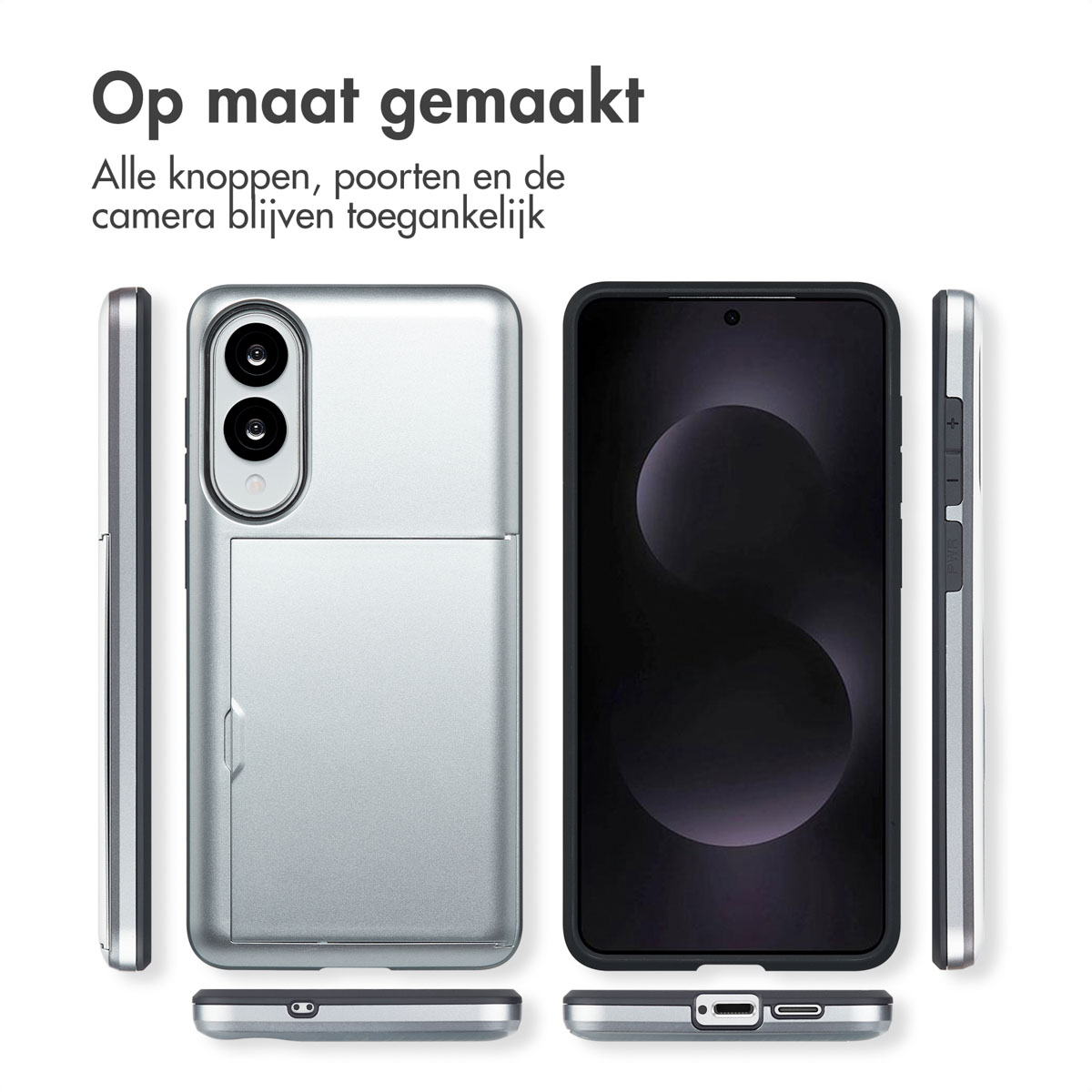 Zilveren telefoonhoesje. Toont de voorkant, zijkanten en achterkant van de telefoon.