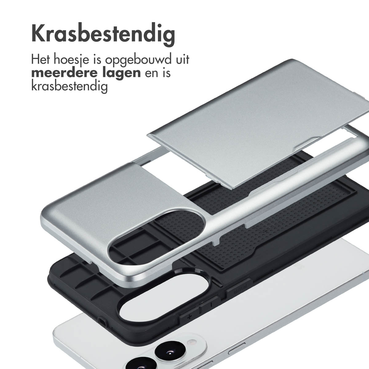 Exploded view van een telefoonhoesje. Zilveren frame, zwart interieur en witte telefoon.