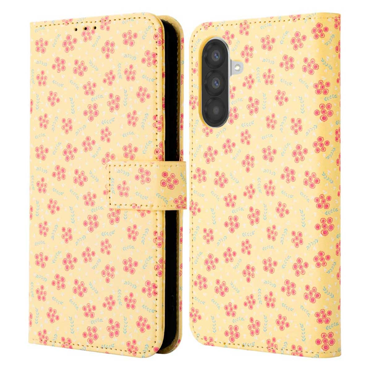 Gele telefoonhoes met bloemenpatroon. Roze en groene details.