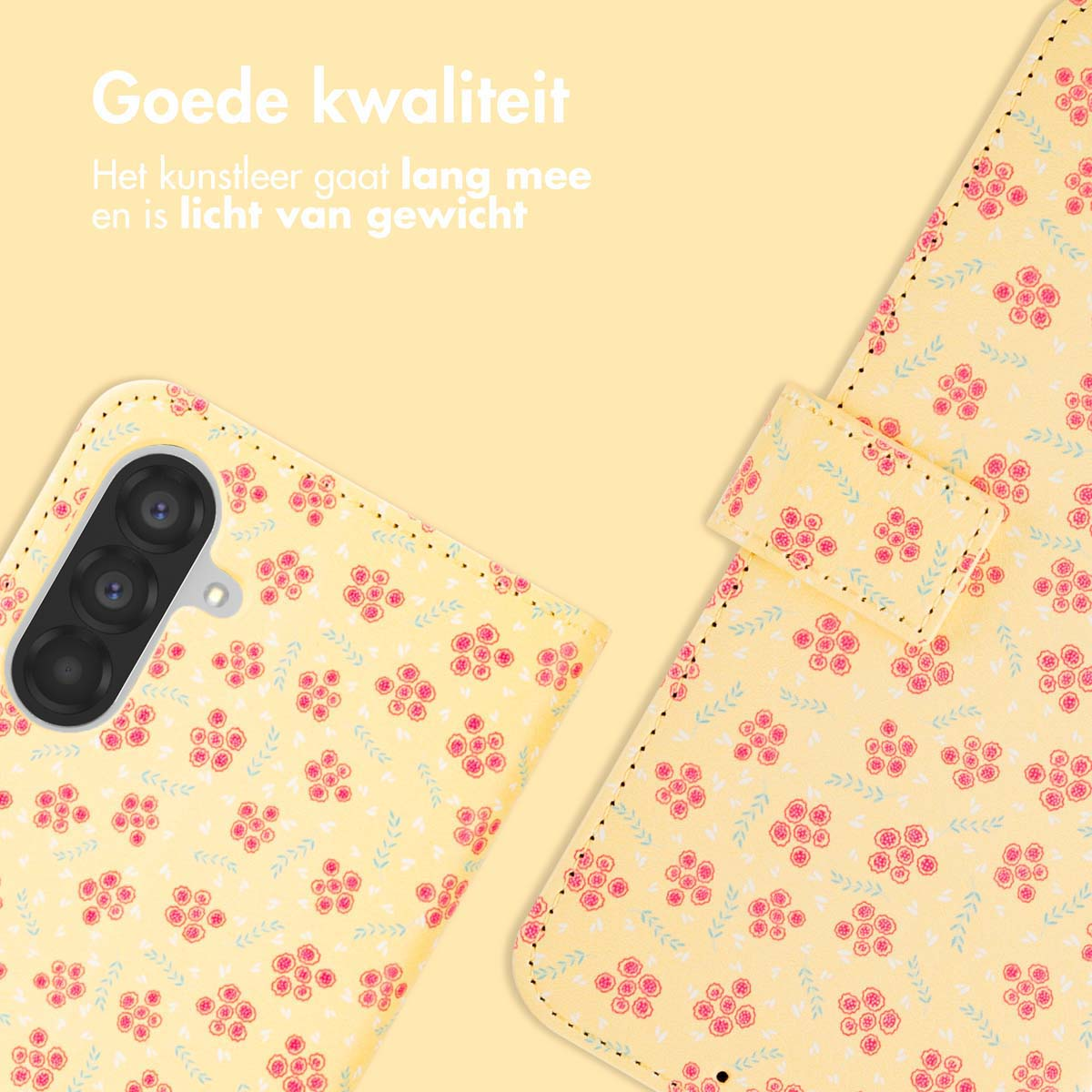 Gele telefoonhoes met bloemenpatroon. Open, toont details van de bloemen.