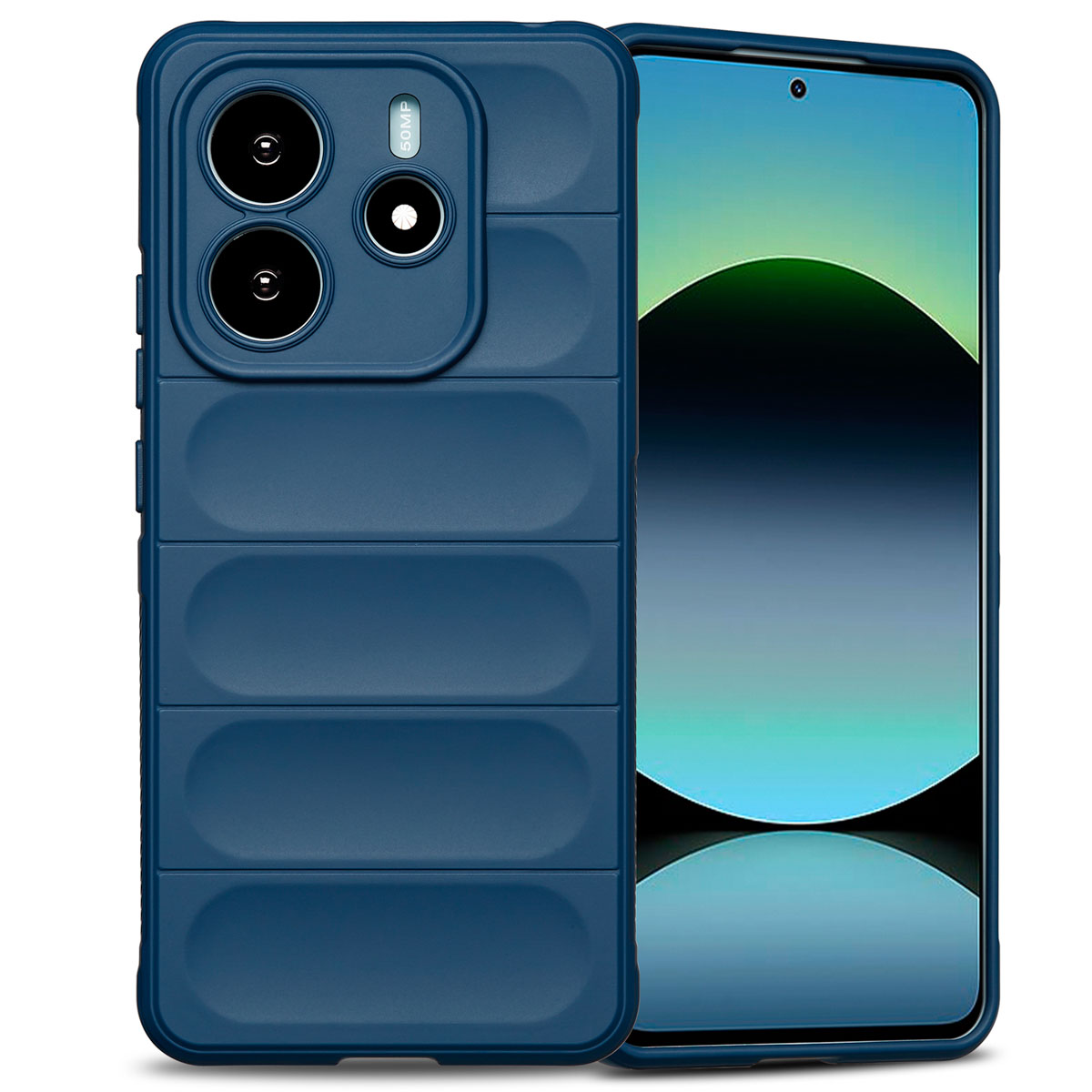 Blauwe telefoonhoes met geribbeld ontwerp. Telefoon aan de rechterkant. Groene achtergrond.