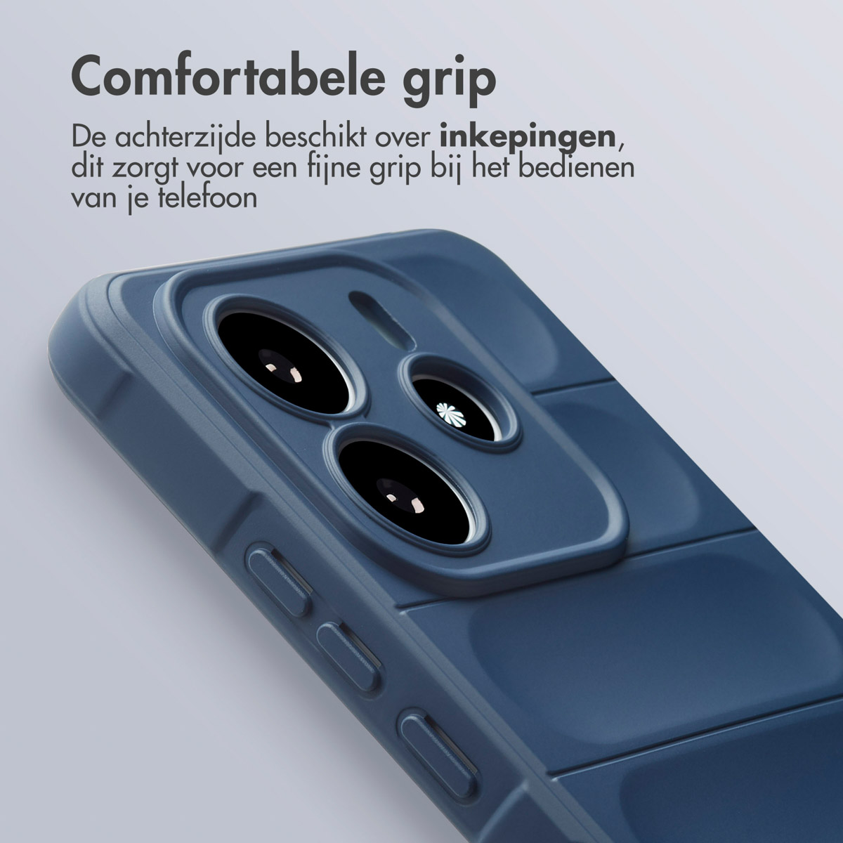 Donkerblauwe telefoonhoes. De hoes heeft inkepingen voor grip.
