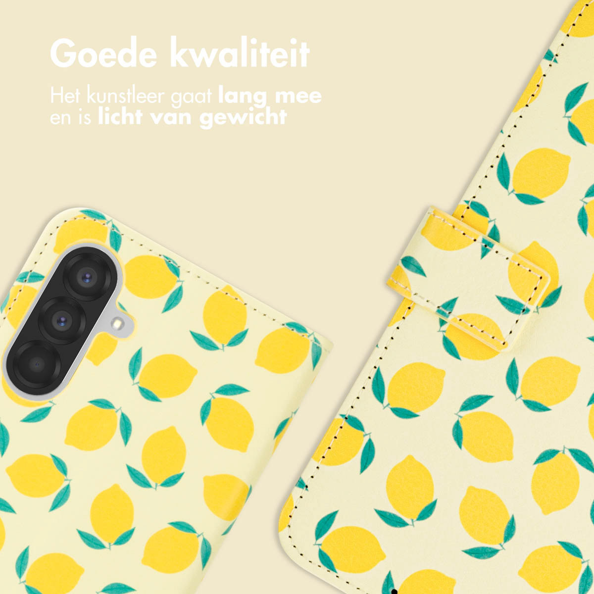 Telefoonhoesje met geel citroenpatroon. Telefoon en hoesje zijn open. Gele achtergrond.