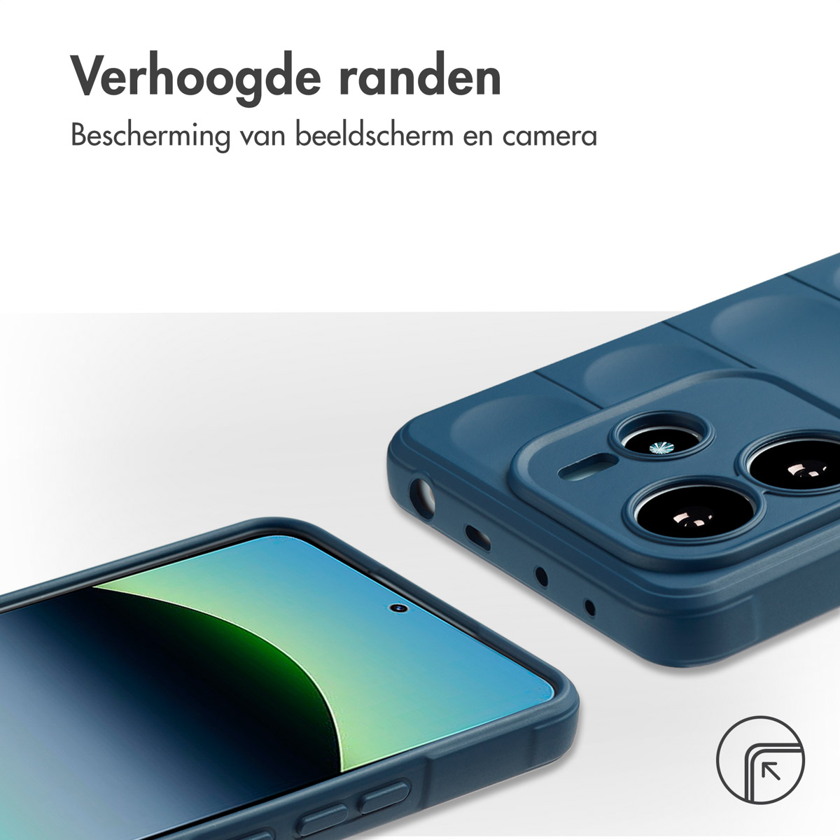Blauwe telefoonhoes met verhoogde randen die het scherm en de camera beschermen. Witte achtergrond.