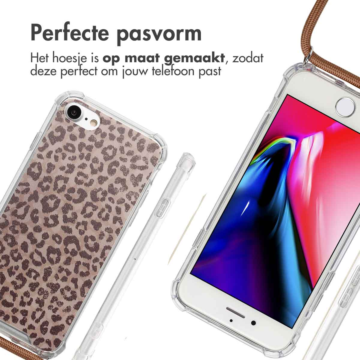 Telefoon met luipaardprint hoes. Twee verschillende hoeken van de telefoon. Bruin bandje.