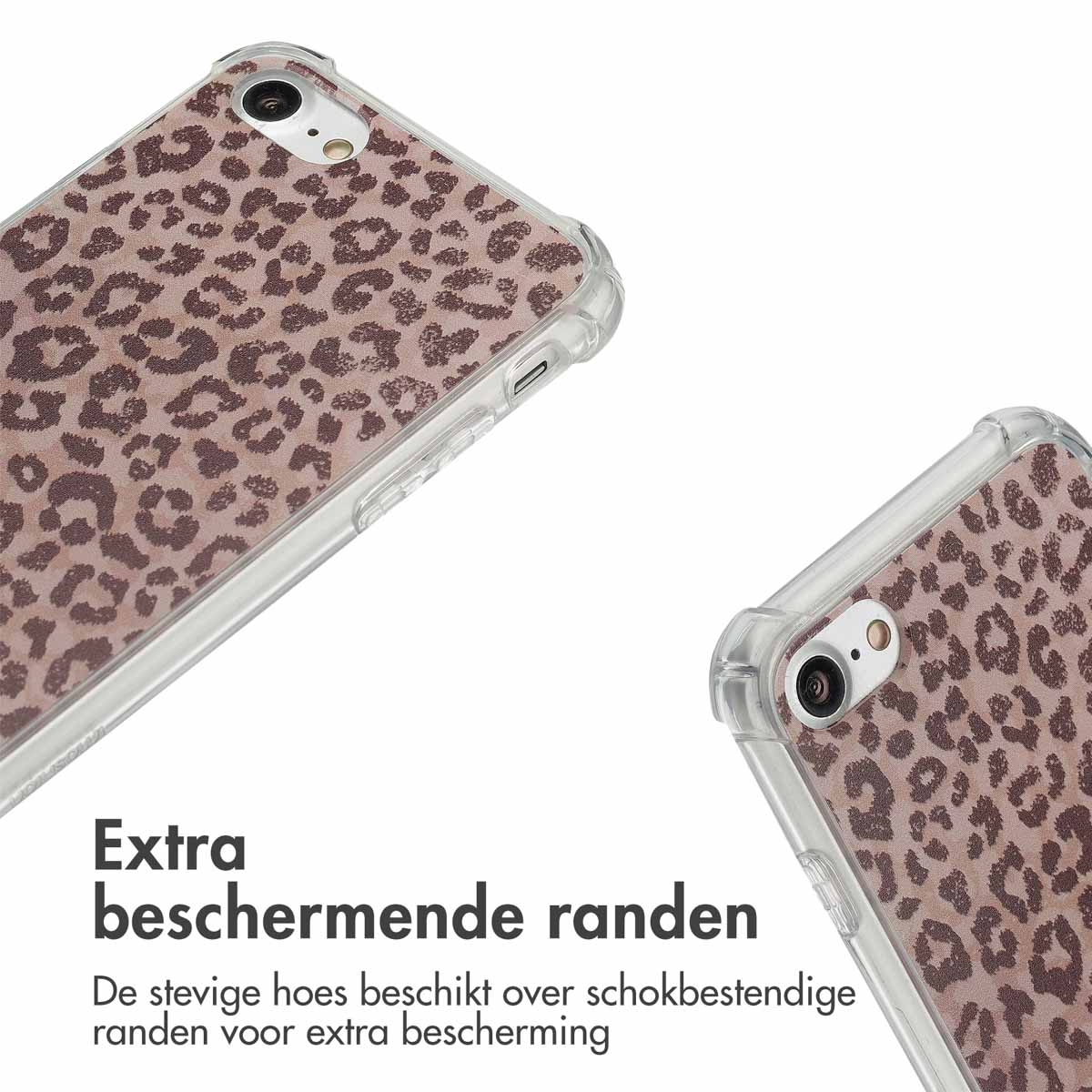 Telefoonhoesje met luipaardprint. Twee hoeken van de telefoonhoes, transparante hoes.