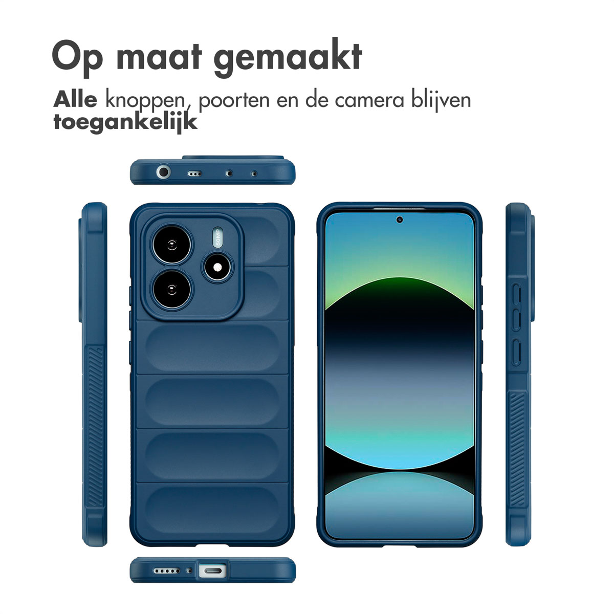 Donkerblauwe telefoonhoes met een telefoon. Alle knoppen, poorten en de camera blijven toegankelijk.
