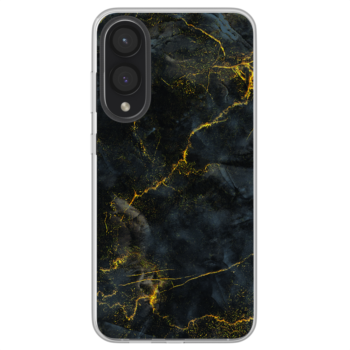 Zwarte telefoonhoes met gouden aderen. Twee cameralenzen. Transparante hoes.