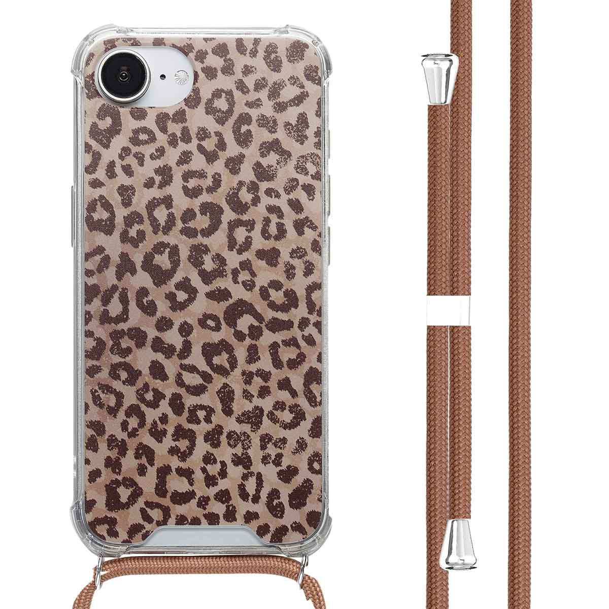 Coque de téléphone transparente avec imprimé léopard marron et une lanière de cou marron.