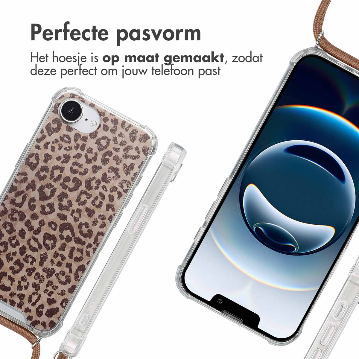 Deux téléphones dans des étuis transparents, un à imprimé léopard et un avec un écran bleu. Les deux ont des sangles marron.