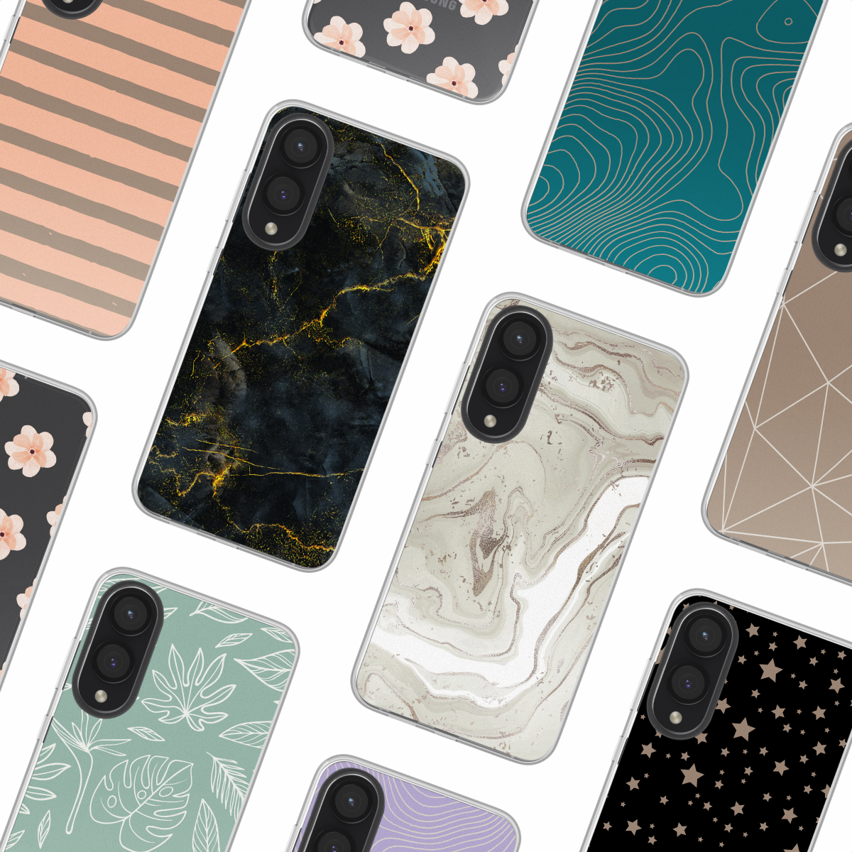 Een verzameling telefoonhoesjes in verschillende designs: bloemen, marmer en geometrische patronen. Witte achtergrond.