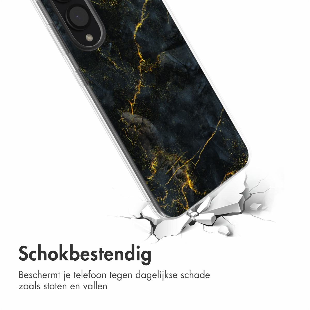 Telefoonhoesje met zwart en goud marmer design. De telefoon wordt laten vallen, waardoor de grond scheurt.