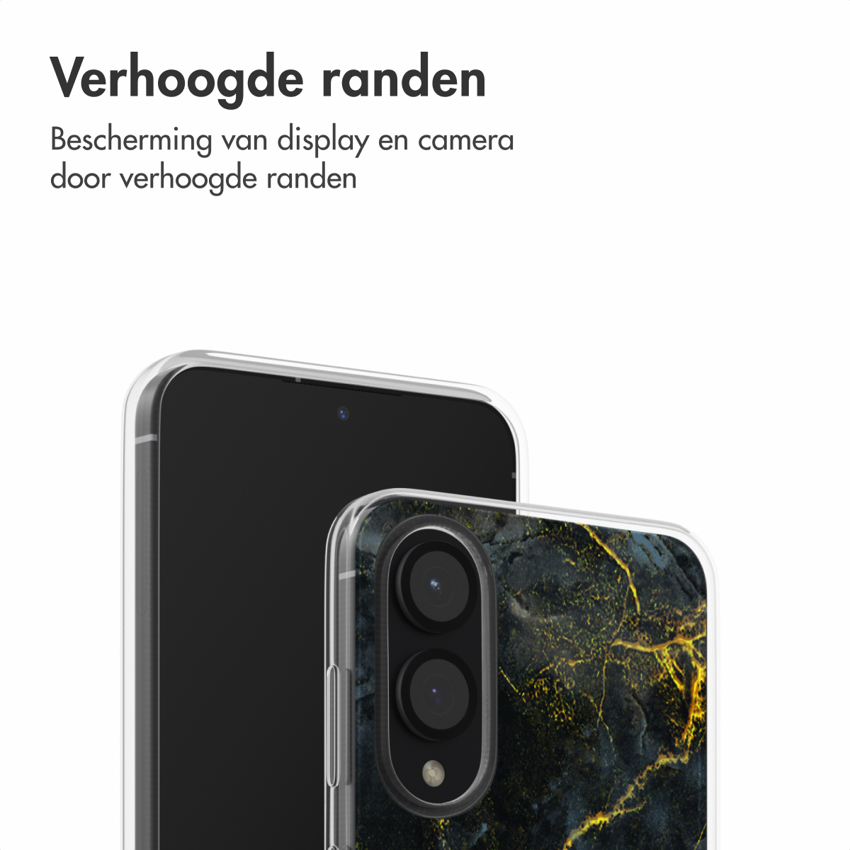 Een telefoon naast een andere telefoon met een zwart marmerpatroon hoesje. Beide tegen een witte achtergrond.