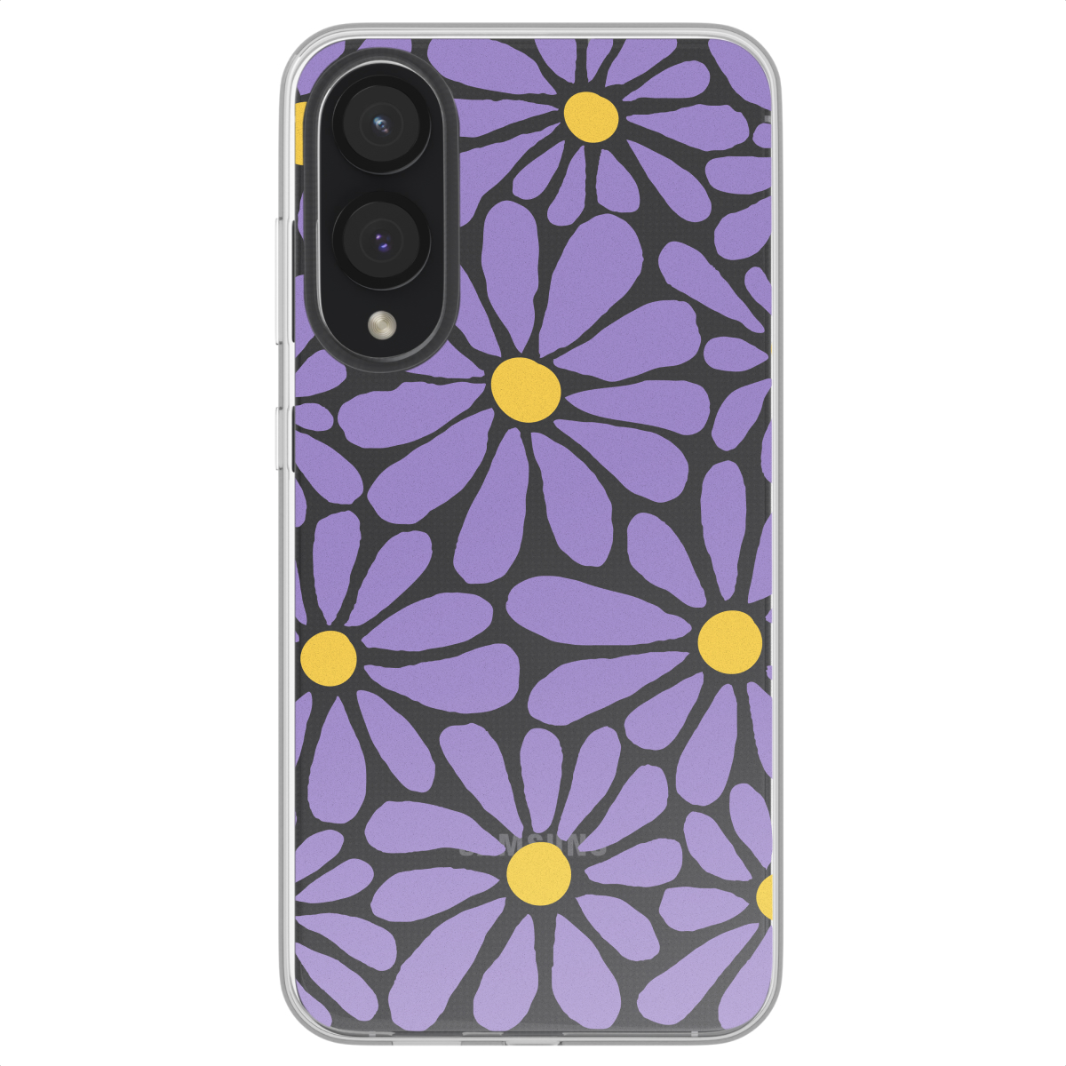 Telefoonhoesje met paars madeliefpatroon, gele centra en zwarte achtergrond. Telefoon heeft drievoudige camera's.