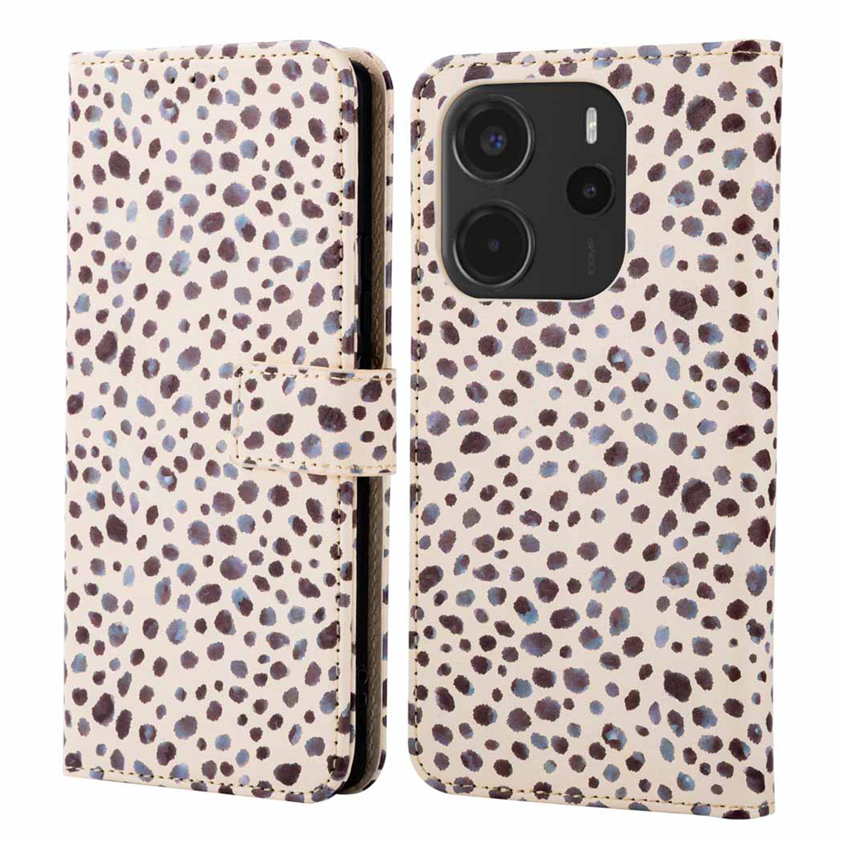 Una custodia beige con stampa dalmata, aperta per mostrare il telefono all'interno. La custodia ha una chiusura.