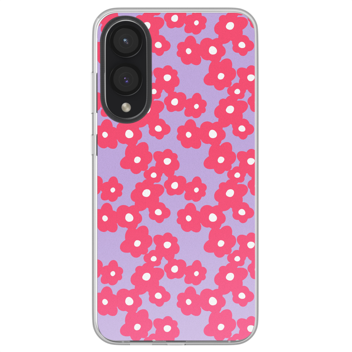 Telefoonhoesje met roze bloemen op een paarse achtergrond. Telefoon heeft drievoudige camera's.