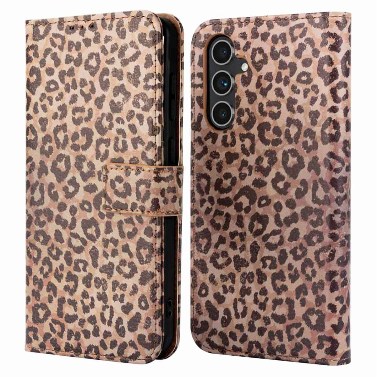 Een telefoonhoesje met een luipaardpatroon. Het hoesje is bruin en zwart. De telefoon zit erin.