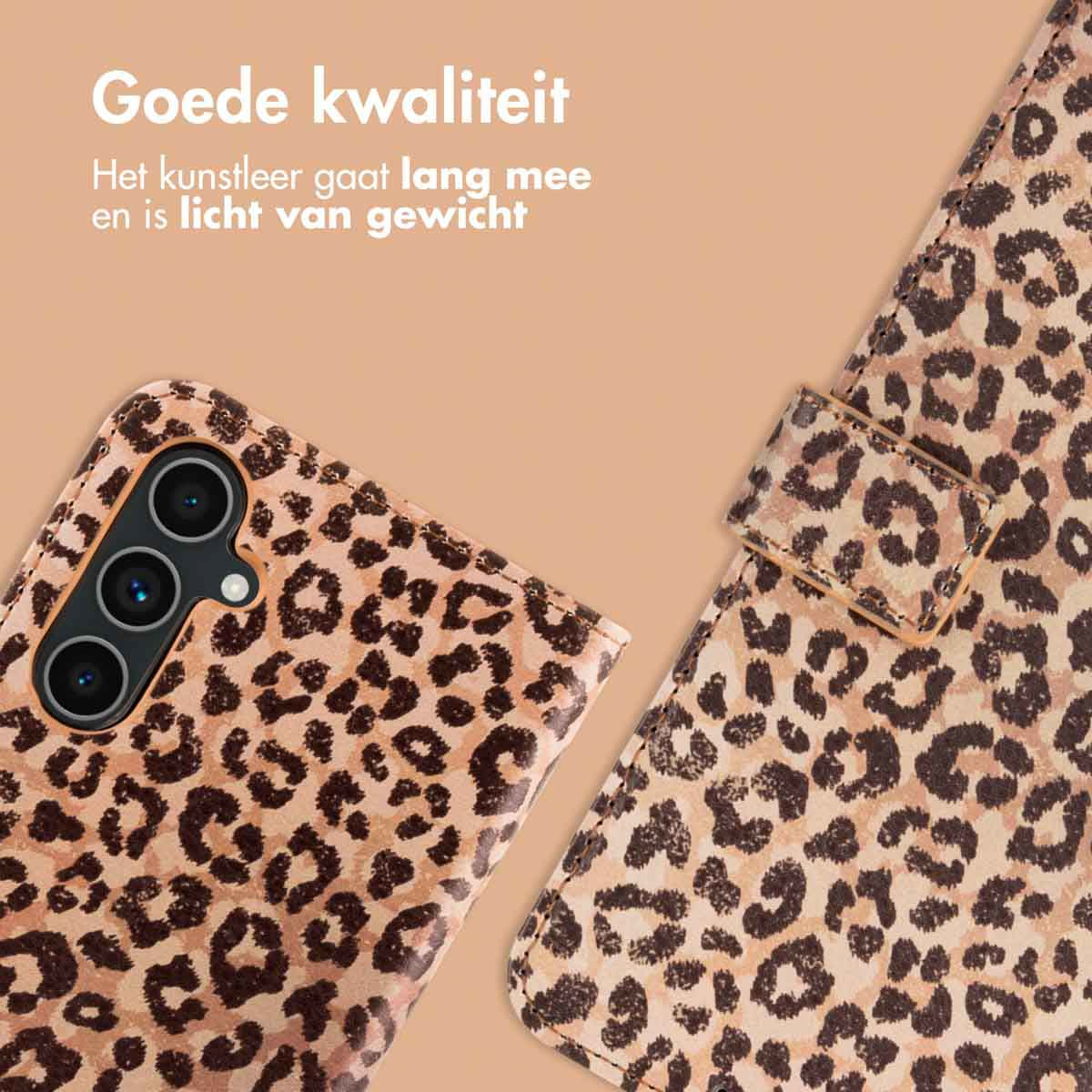 Een telefoonhoesje met een luipaardpatroon. De telefoon zit erin. Tekst: Goede kwaliteit.