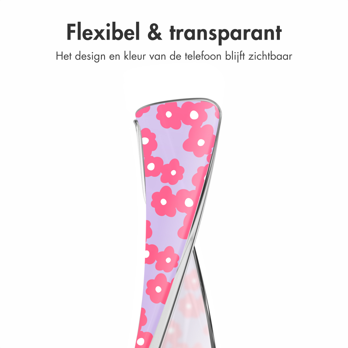 Transparante telefoonhoes met roze bloemen op een lila achtergrond. De hoes is flexibel.