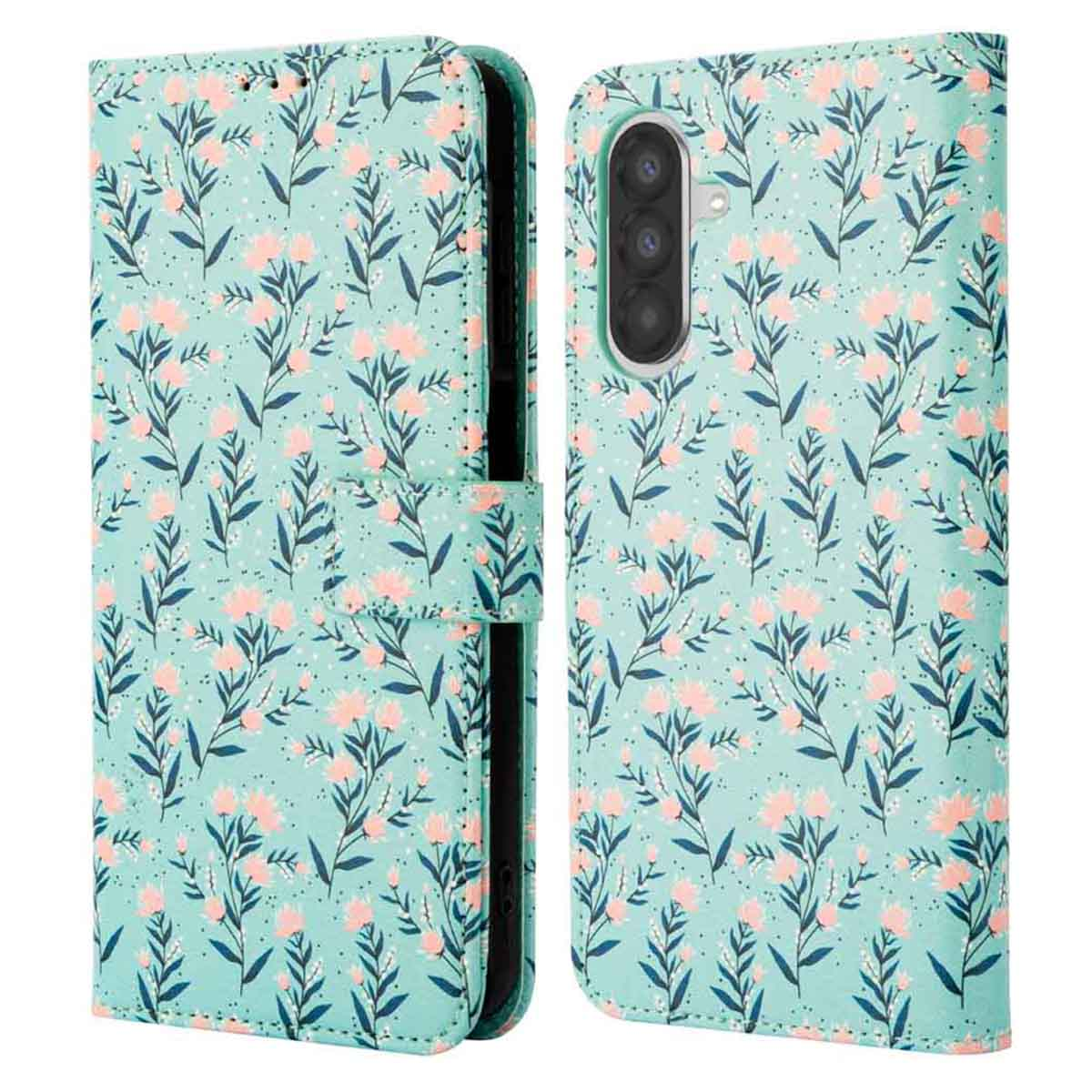 Een turquoise telefoonhoesje met bloemenpatroon. Een telefoon is zichtbaar. Magnetische sluiting aan de zijkant.