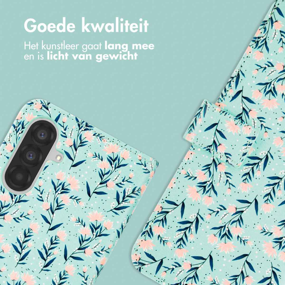 Telefoonhoesjes met een bloemenpatroon. Eén toont de telefoon erin, de andere is leeg.