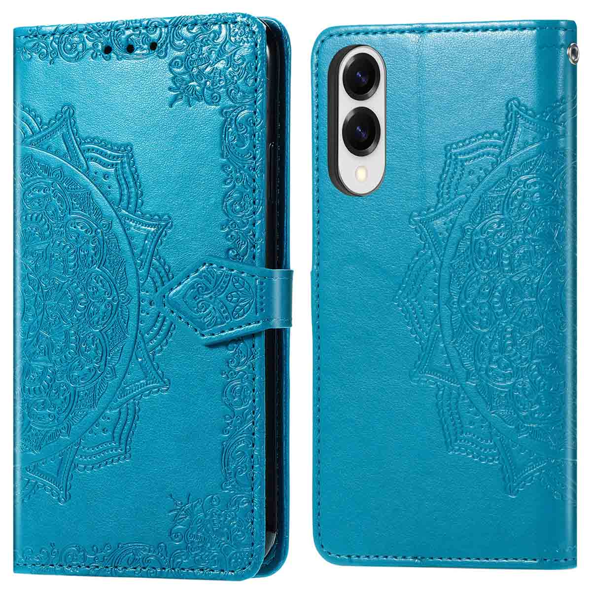 Blauwe telefoonhoes met een bloemenpatroon. Hij is open om de telefoon te laten zien.